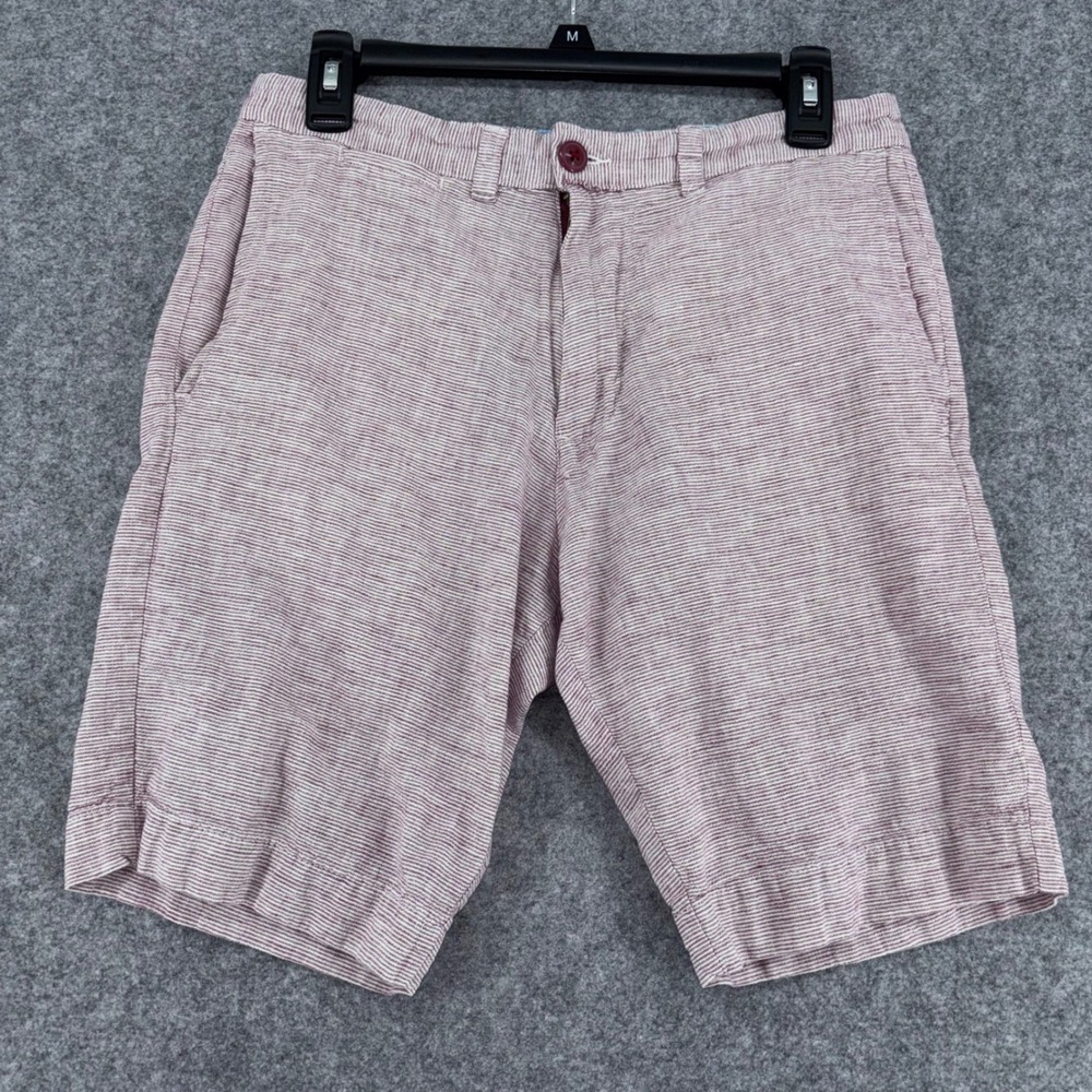 Mens Classic Fit Linen Cotton Striped Shorts Maroon White Size 30